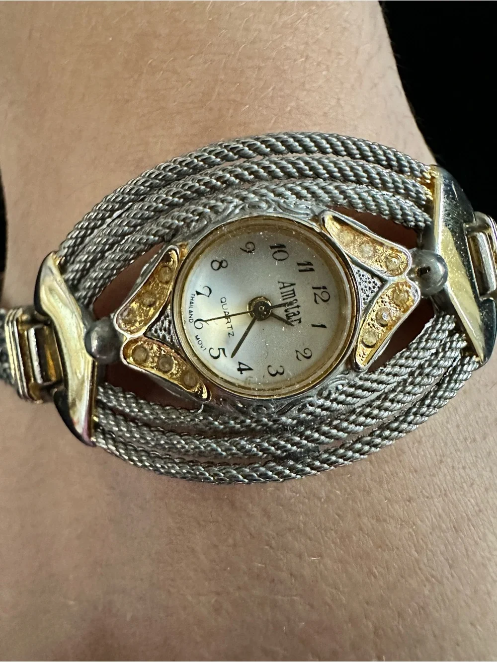 Vintage AMSTAR Silver and Gold-Tone Braided Chain Women's Watch Bracelet